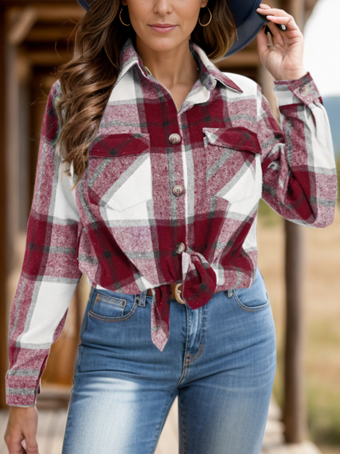 Plaid Shacket with Pockets and Collar Burgundy