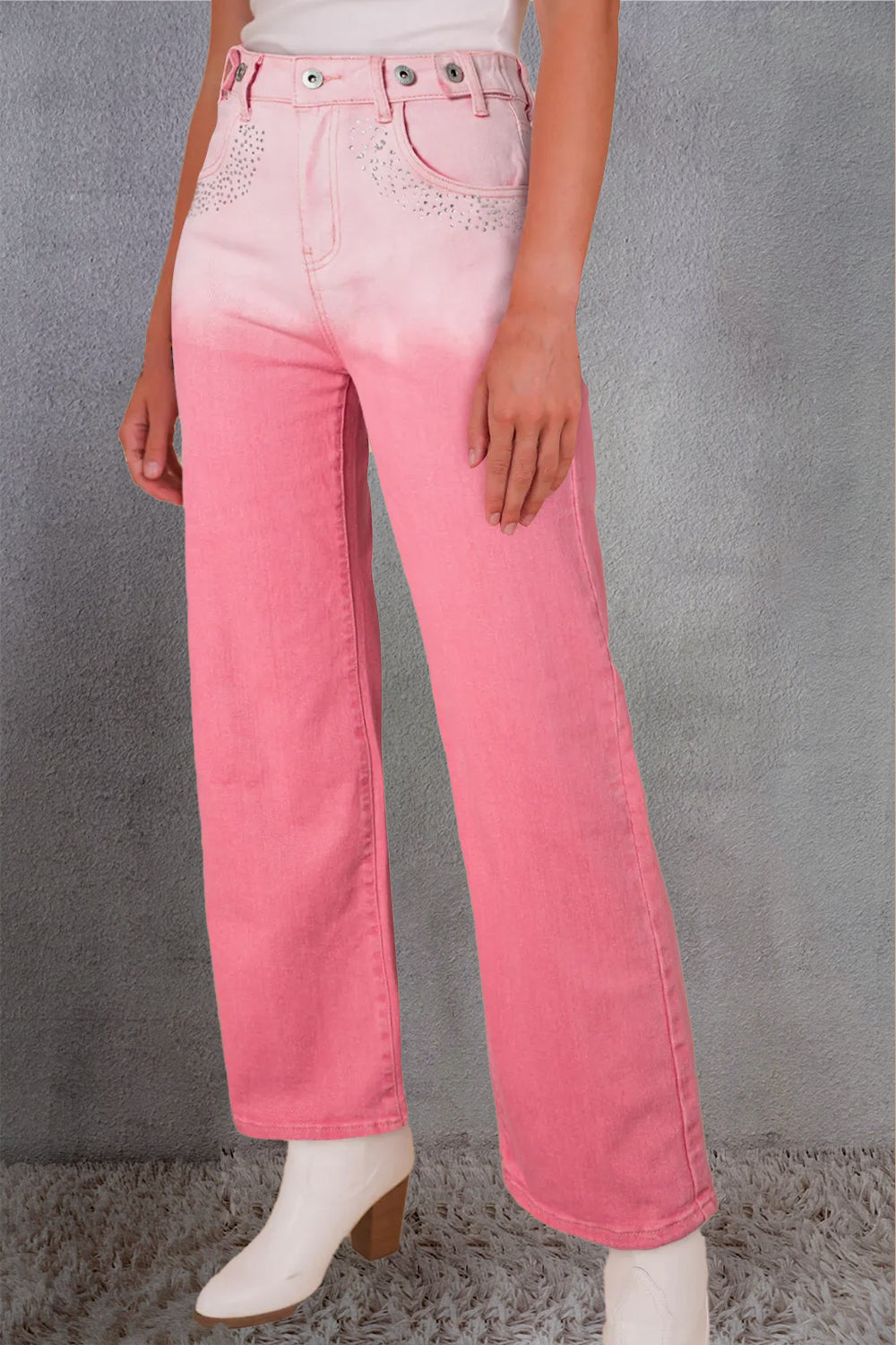 Rhinestone Gradient Straight Jeans Pink
