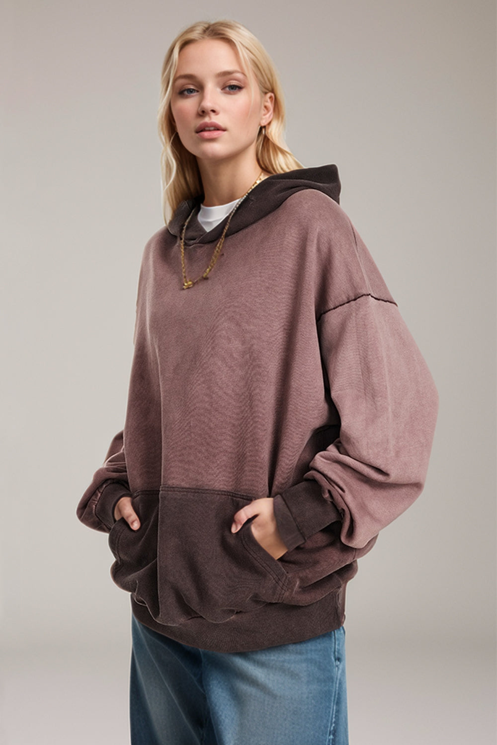 Basic Bae Drop Shoulder Long Sleeve Hoodie with Kangaroo Pocket Grayish Purple