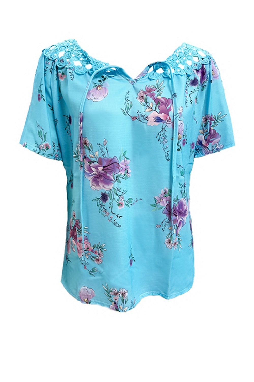 Full Size Printed Tie Neck Short Sleeve Blouse