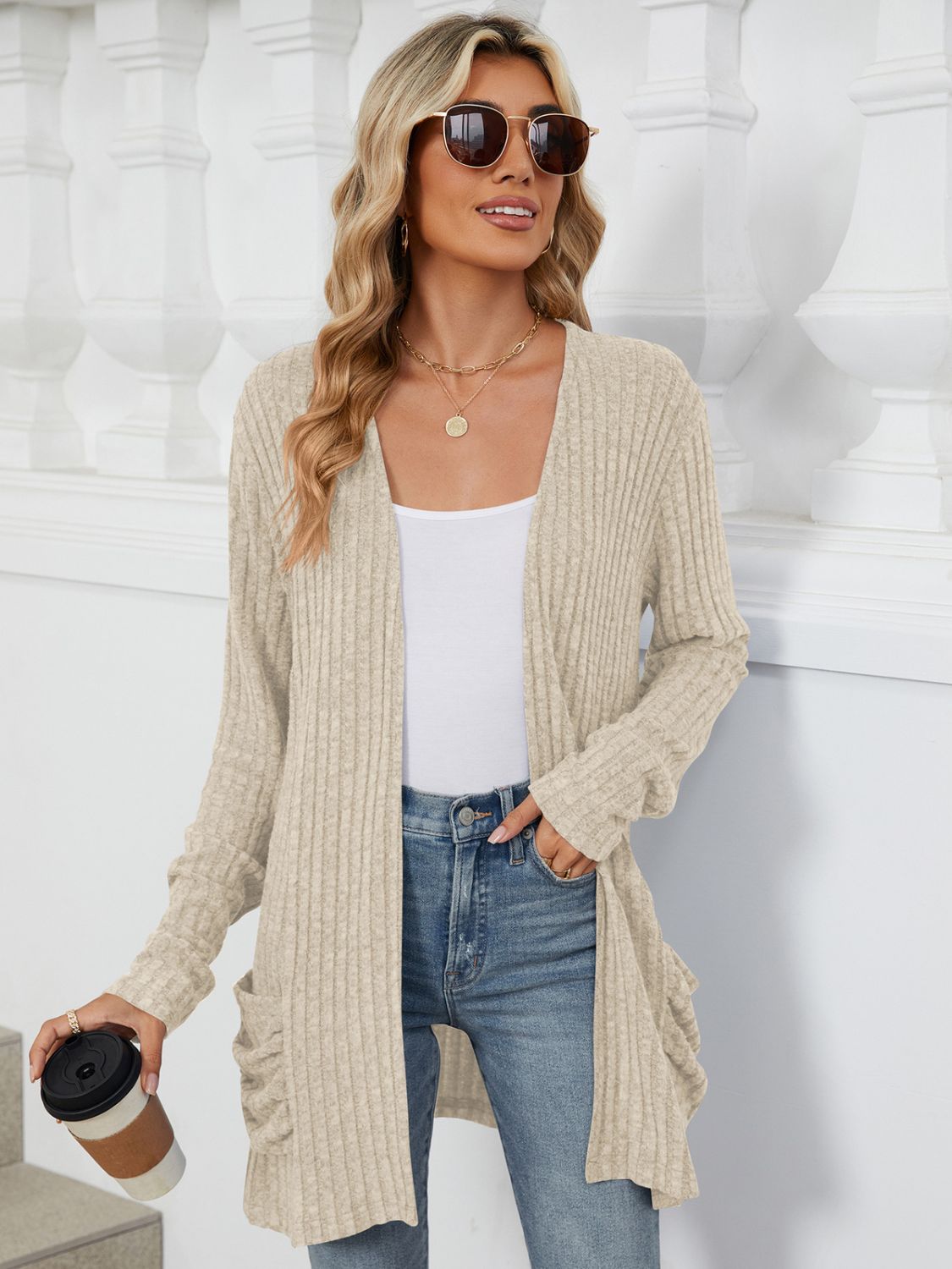 Pocketed Open Front Long Sleeve Cardigan Beige