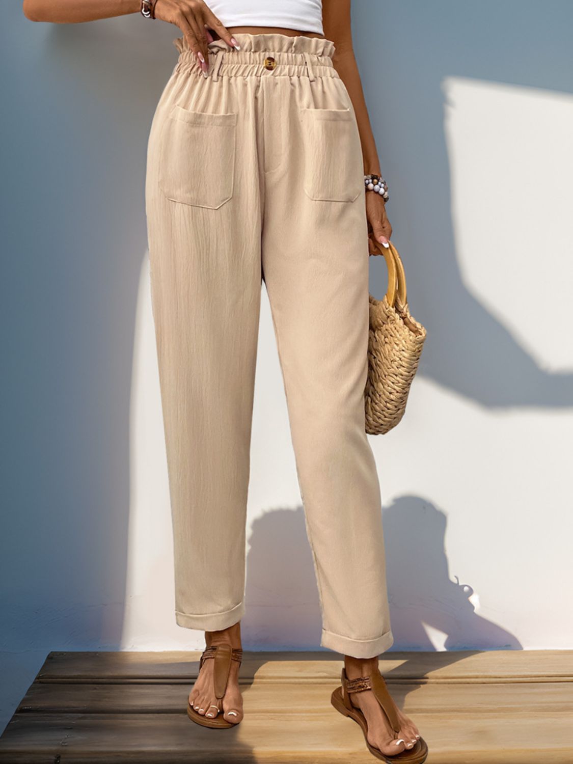 Frill High Waist Pants with Pockets Tan