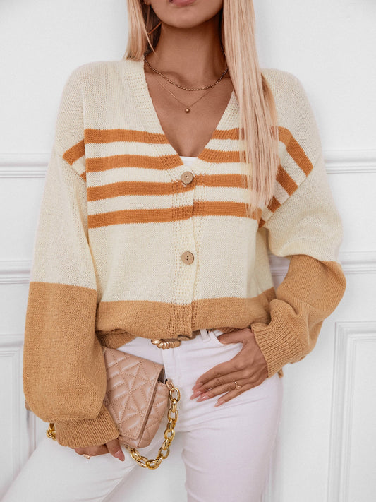 Color Block V-Neck Button Down Long Sleeve Cardigan Caramel