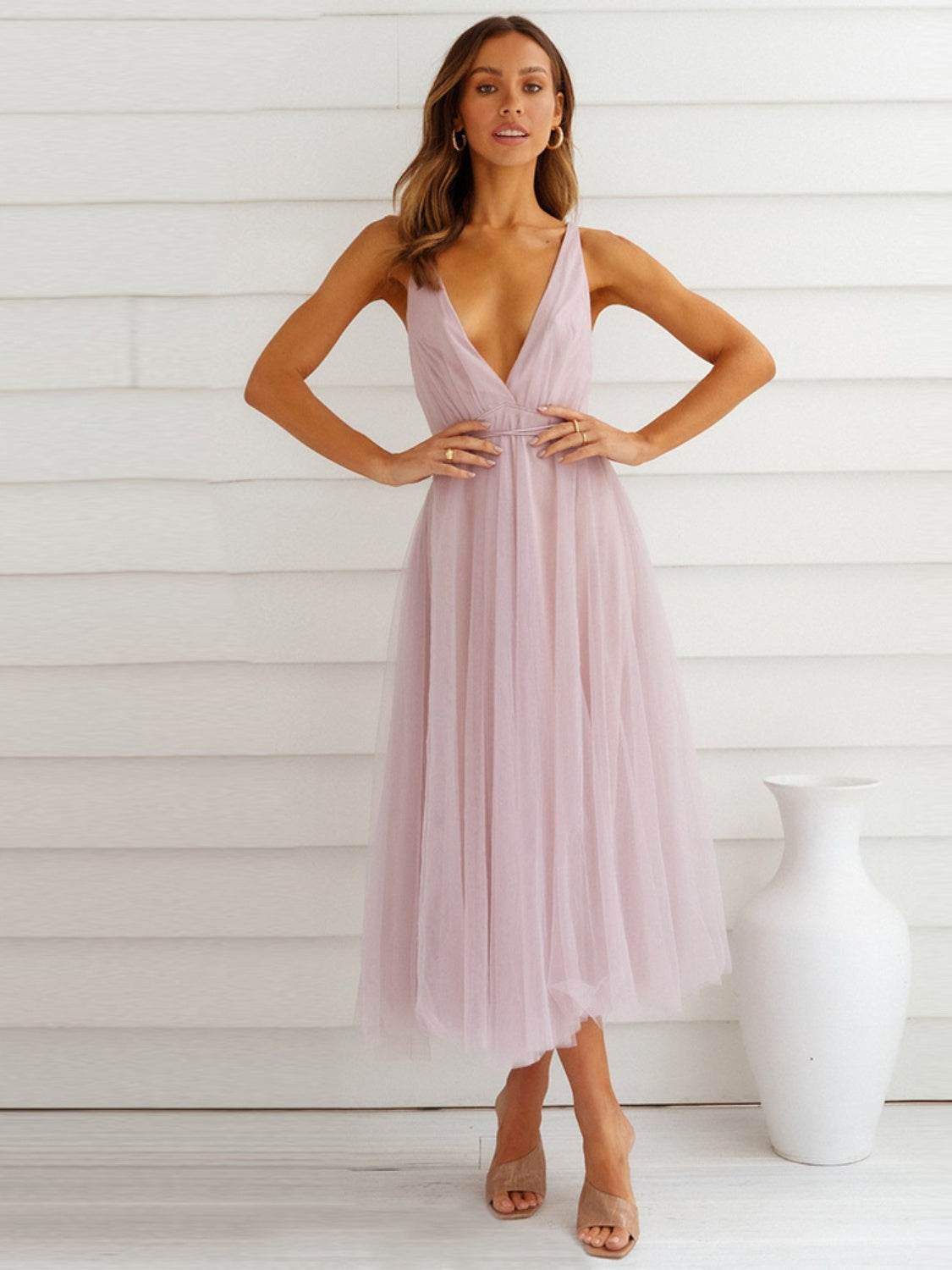 Sexy Backless Crisscross Midi Dress Blush Pink