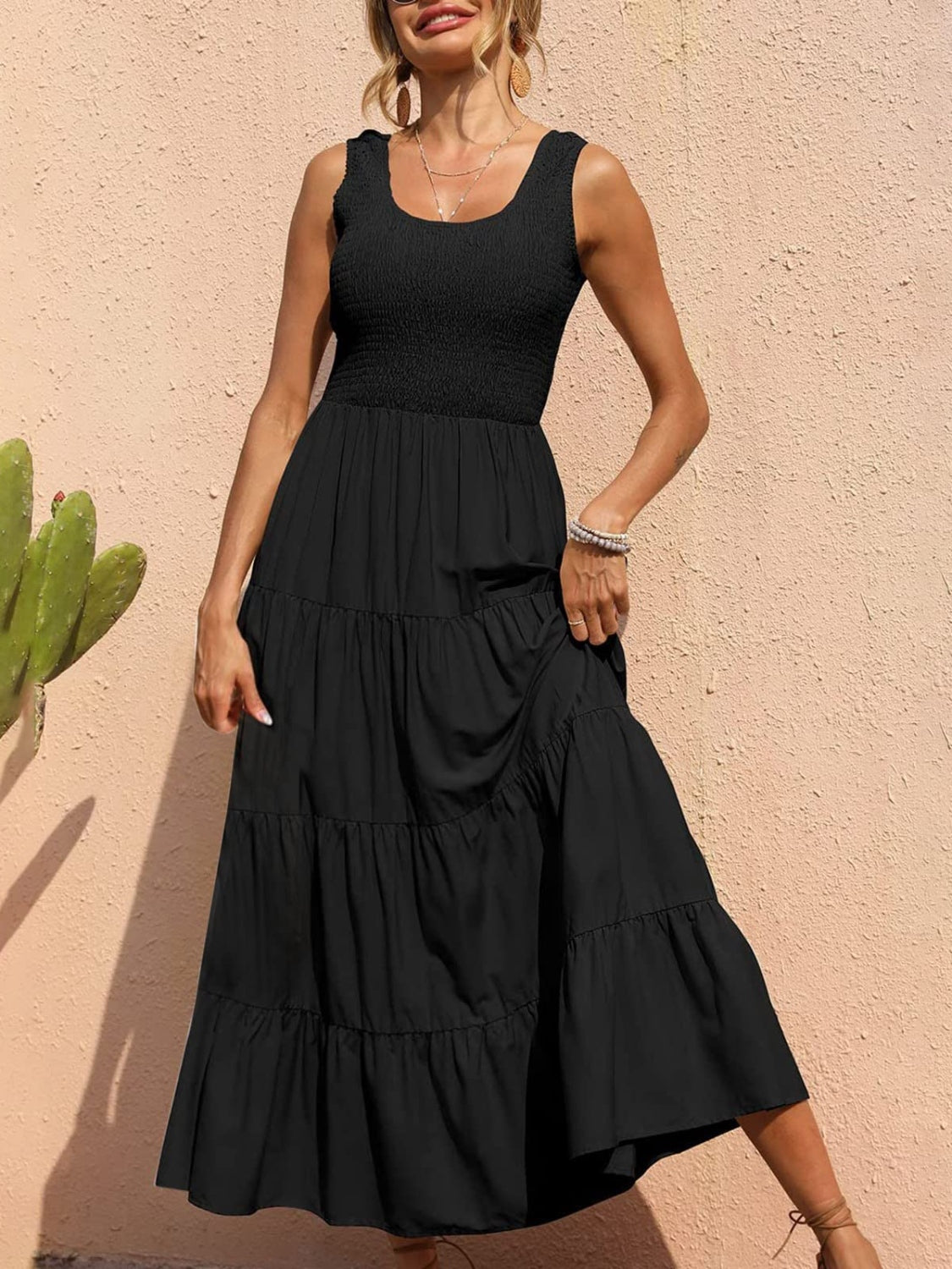 Smocked Tiered Midi Dress with Wide Straps Black