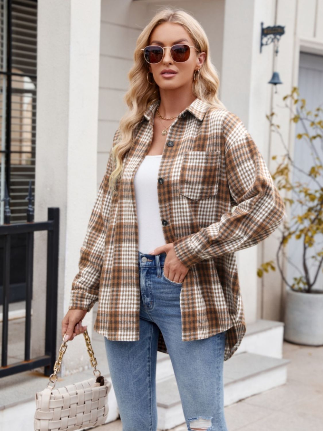 Stretchy Plaid Button-Down Shirt