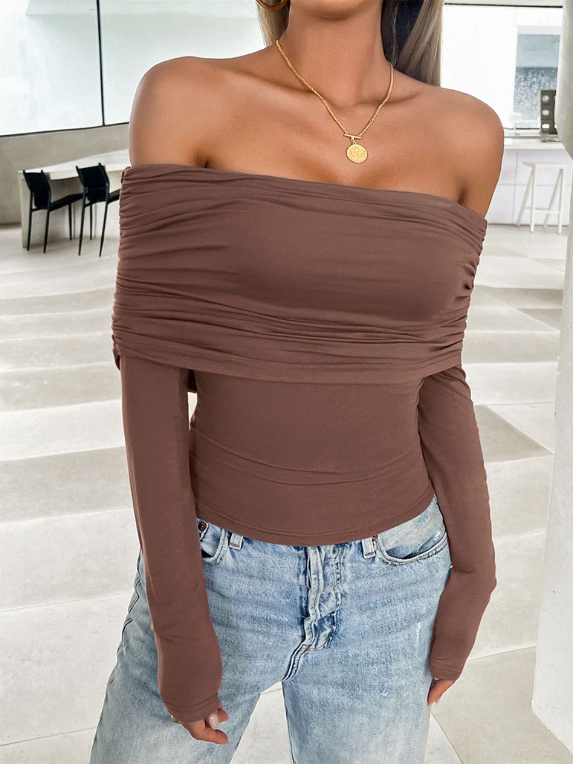 Ruched Off-Shoulder Long Sleeve T-Shirt