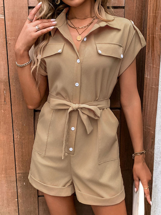 Collared Neck Tie Waist Romper with Pockets Camel