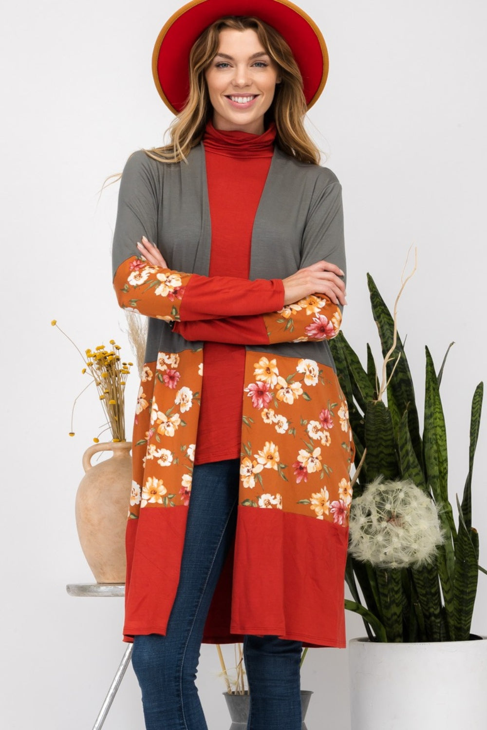 Celeste Full Size Floral Color Block Open Front Cardigan Olive Rust