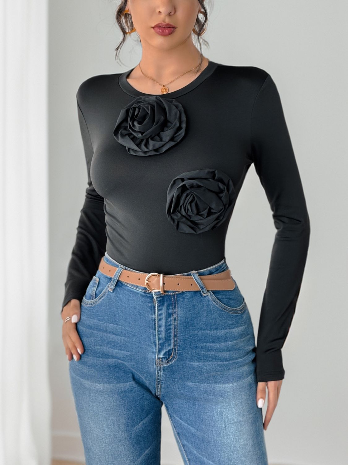 Perfee Flower Round Neck Long Sleeve Bodysuit Black