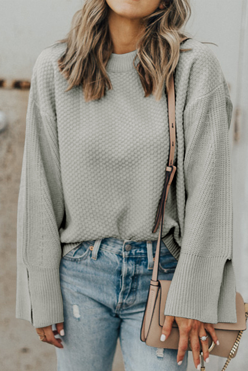 Textured Round Neck Long Sleeve Sweater Gray