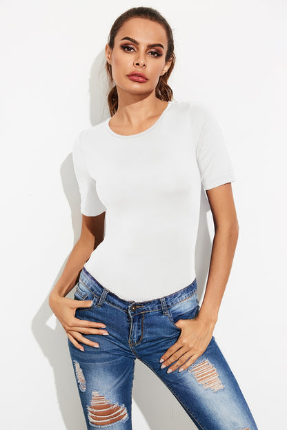 Round Neck Short Sleeve Bodysuit White