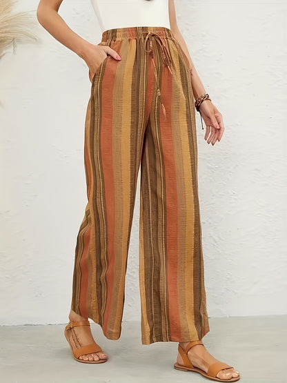 Full Size Drawstring Striped Wide Leg Pants Mustard