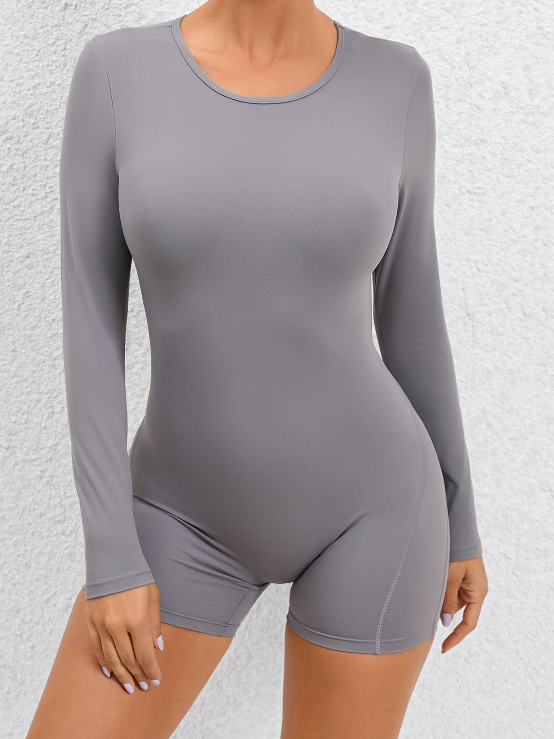 Cutout Round Neck Long Sleeve Active Romper Gray