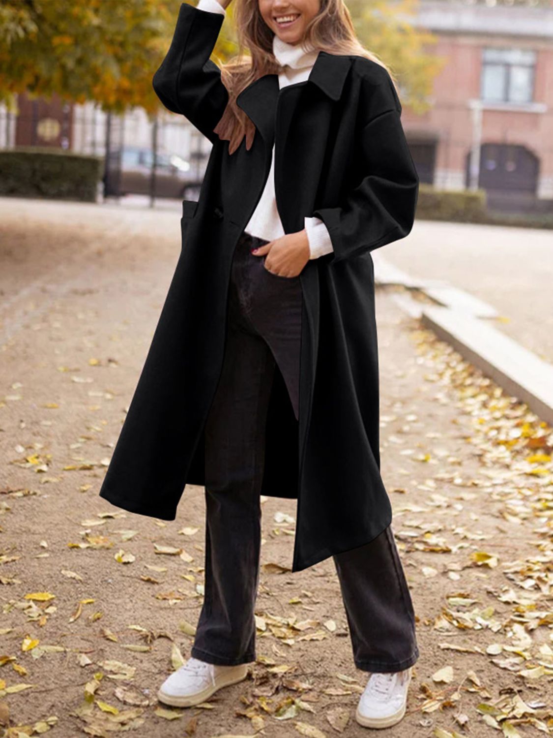 Pocketed Collared Neck Long Sleeve Coat Black