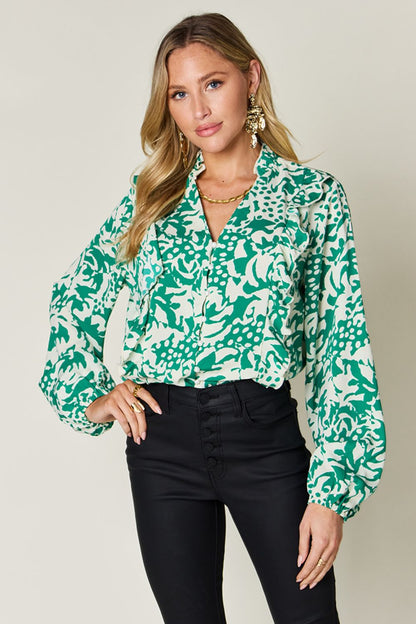 Printed Ruffle Balloon Sleeve Button-Down Top Mid Green