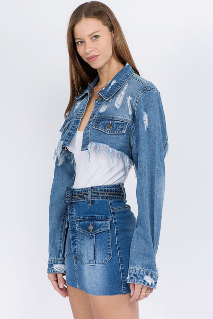 Women's Distressed Denim Crop Jacket