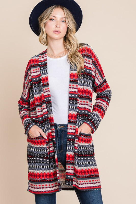 BOMBOM Geometric Open Front Long Sleeve Cardigan with Pockets Red