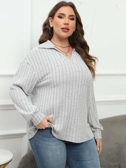 Plus Size Ribbed Collared Neck Long Sleeve Blouse Cloudy Blue