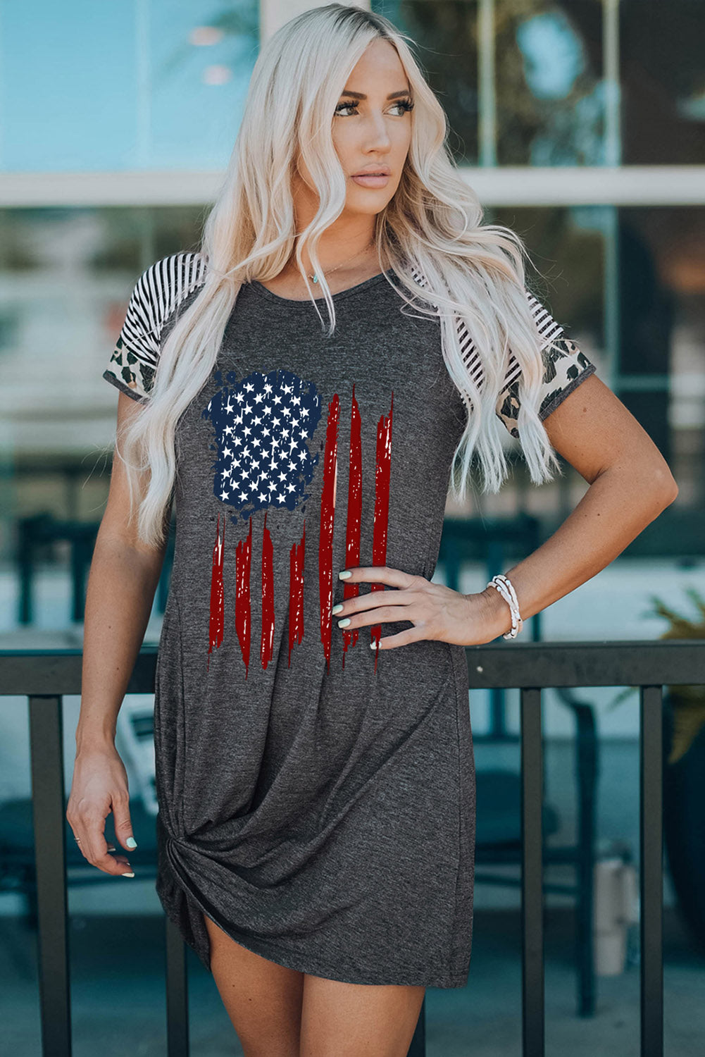 US Flag Graphic Twisted Raglan Sleeve Dress