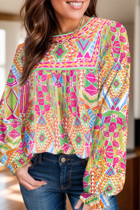 Geometric Printed Round Neck Long Sleeve Blouse Hot Pink