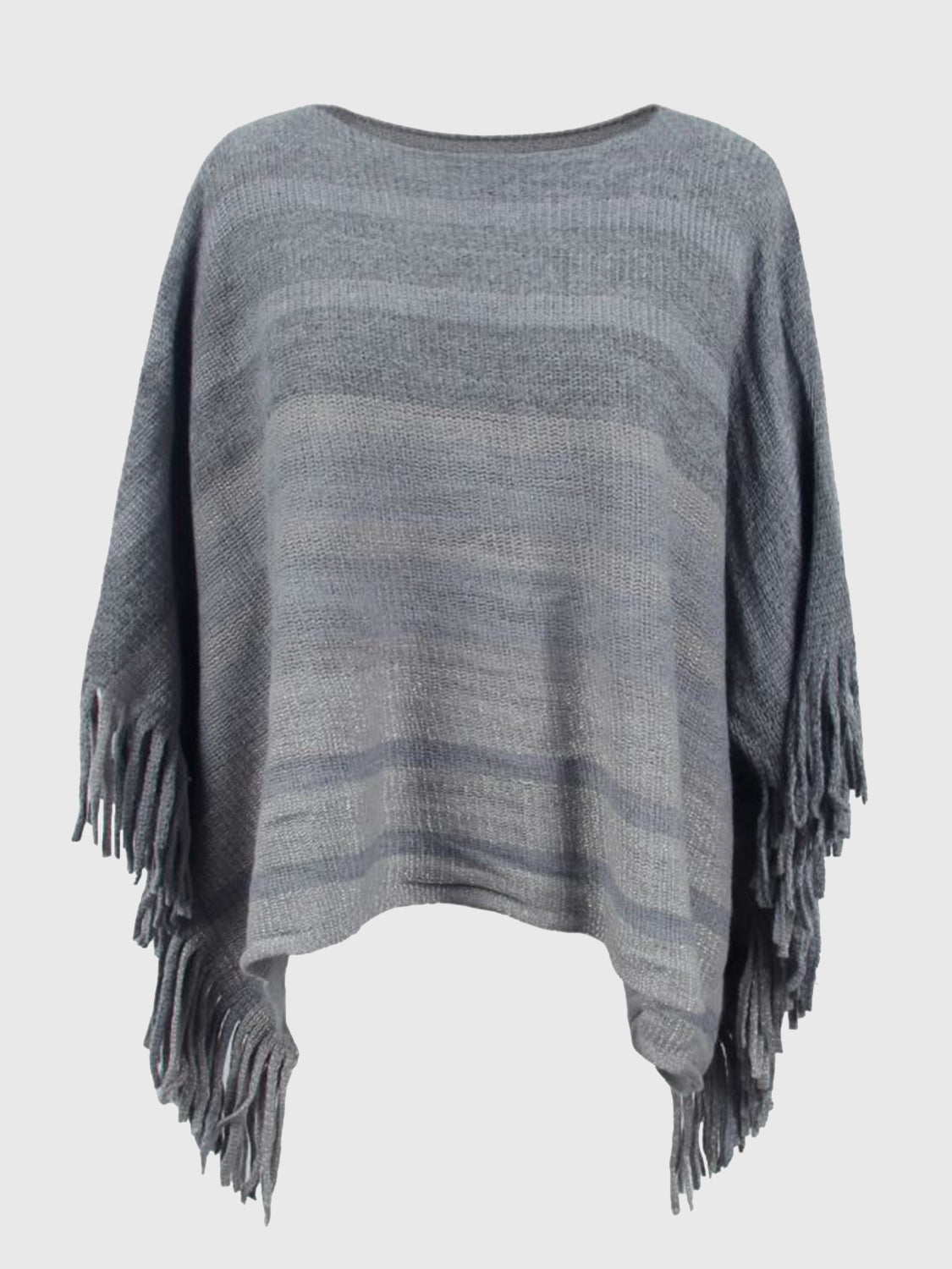 Striped Boat Neck Poncho with Fringes Charcoal One Size