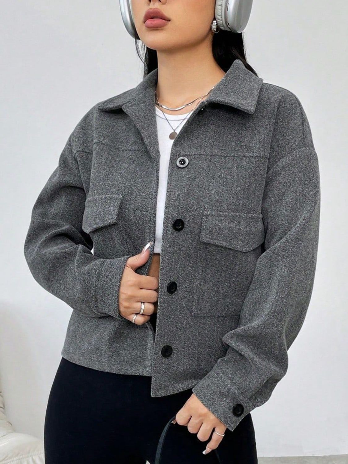 Button Up Dropped Shoulder Long Sleeve Outerwear Dark Gray