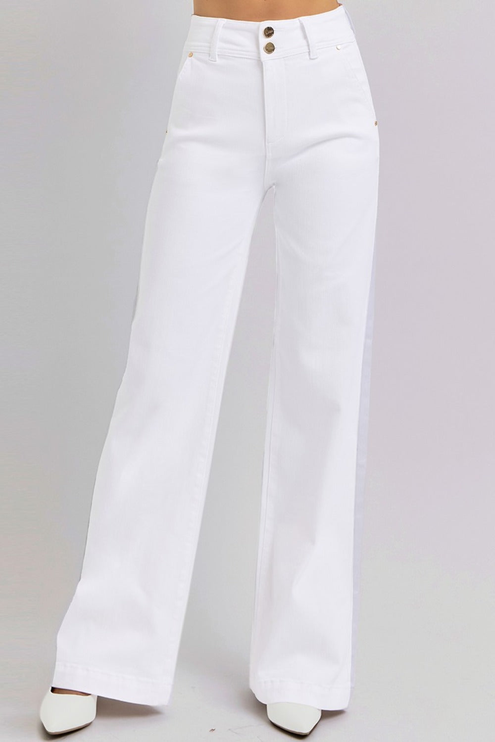 RISEN Full Size Tummy Control Double Button Wide Leg Jeans White