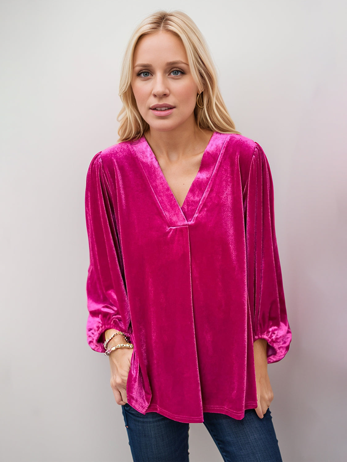 V-Neck Three-Quarter Sleeve Blouse Cerise