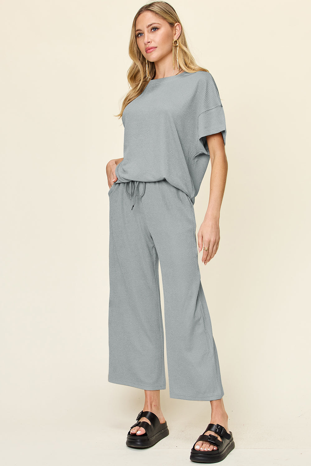 Textured Knit Top and Wide Leg Pant Set Cloudy Blue