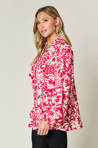 Printed Ruffle Balloon Sleeve Button-Down Top