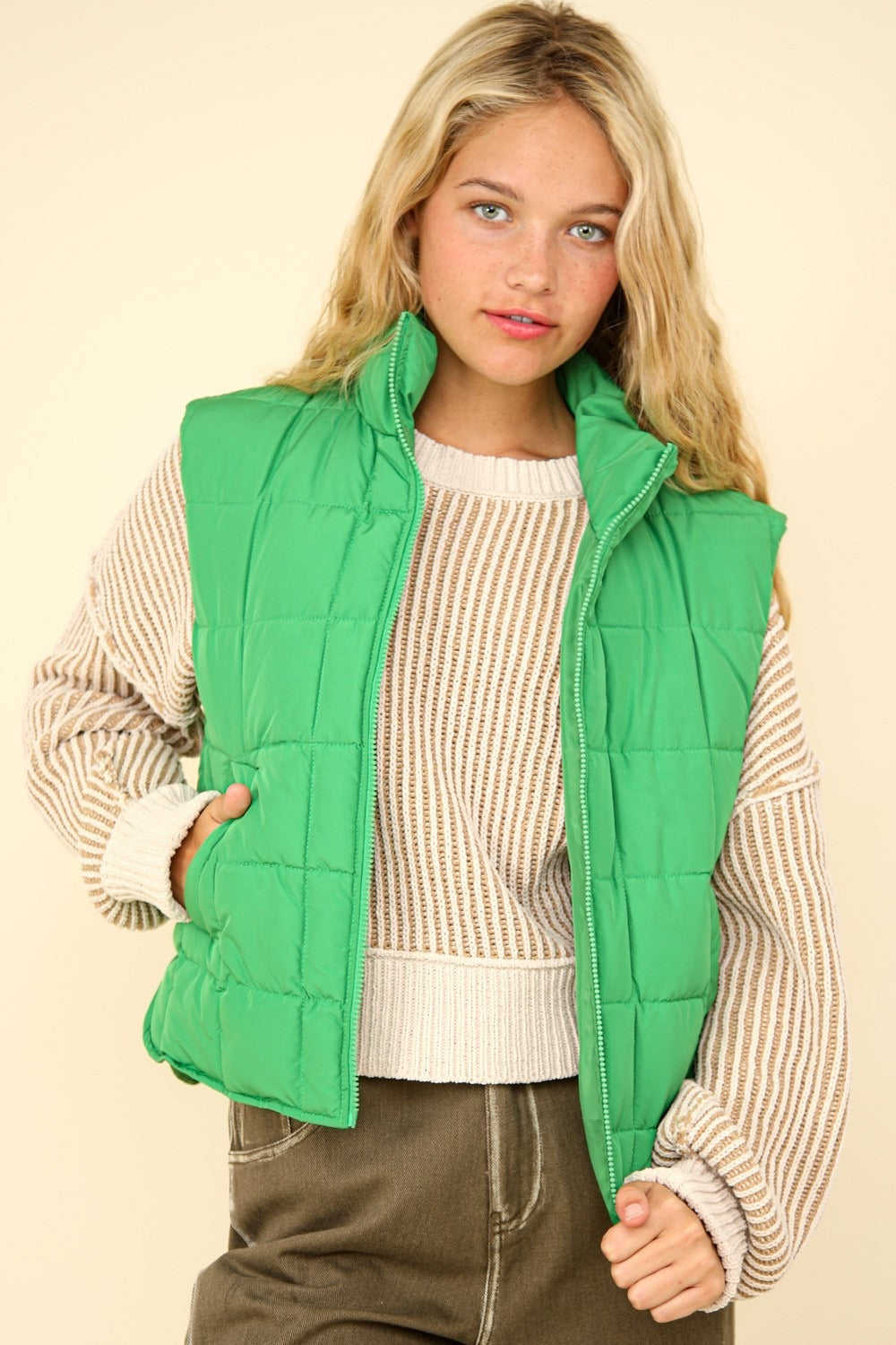 VERY J Zip Up Puffer Padded Warm Vest Kelly Green