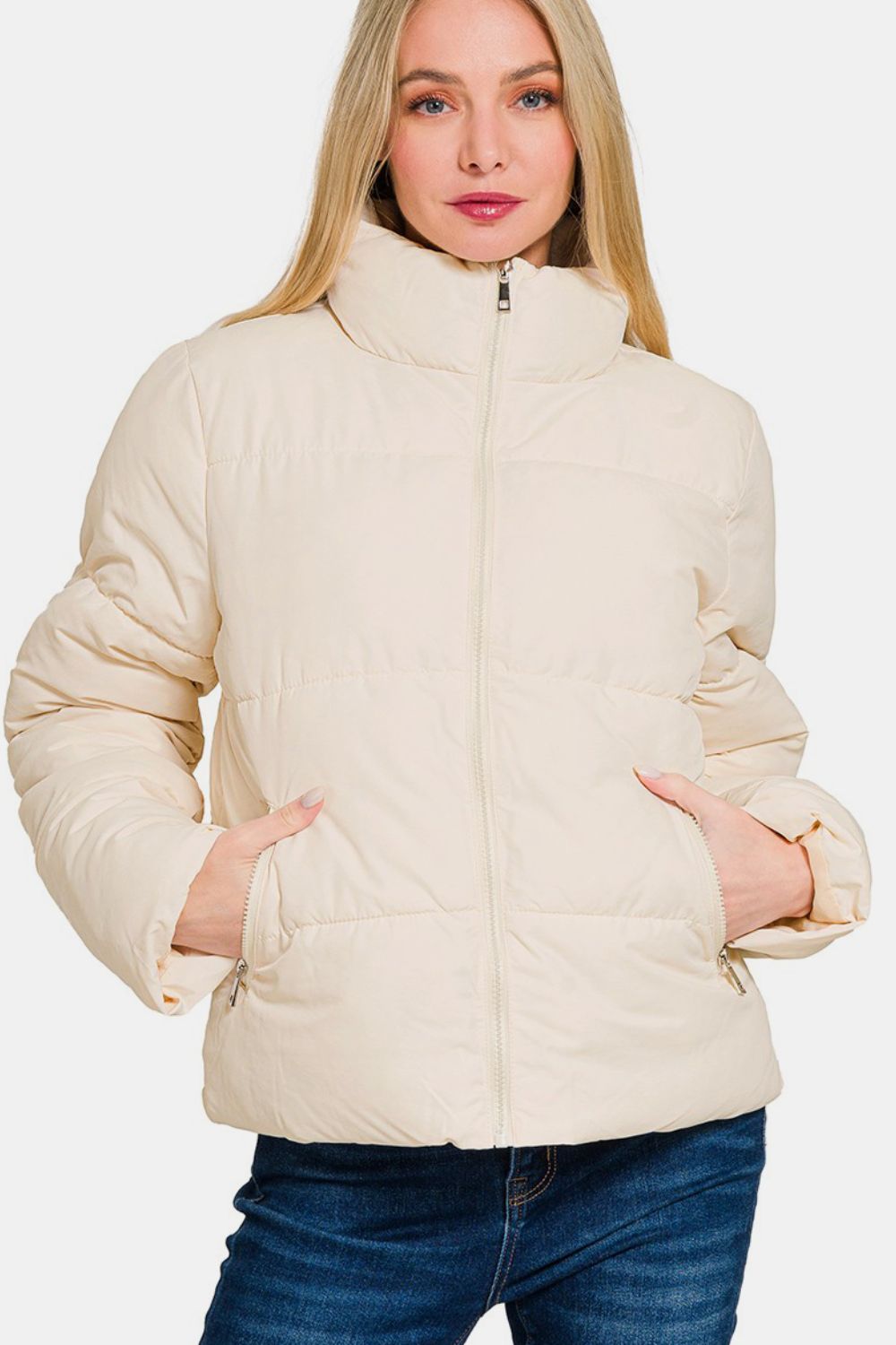 Zenana Zip Up Turtleneck Puffer Jacket with Pockets Cream