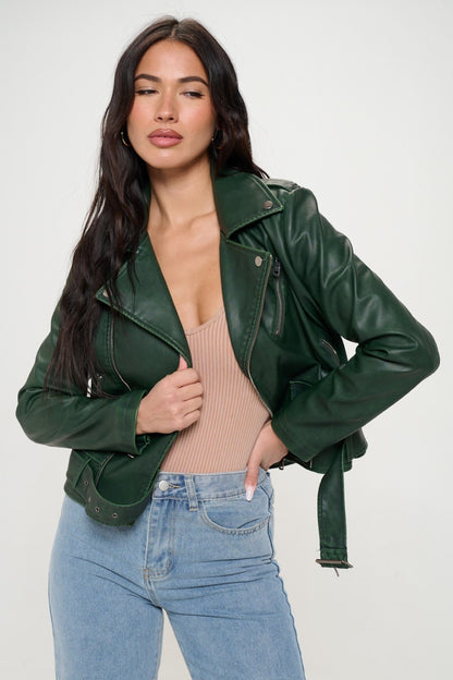 Vegan Leather Biker Jacket with Belt