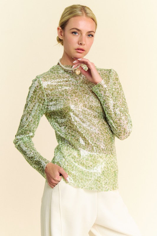 Davi & Dani Sequin Mock Neck Long Sleeve Mesh Top Sage