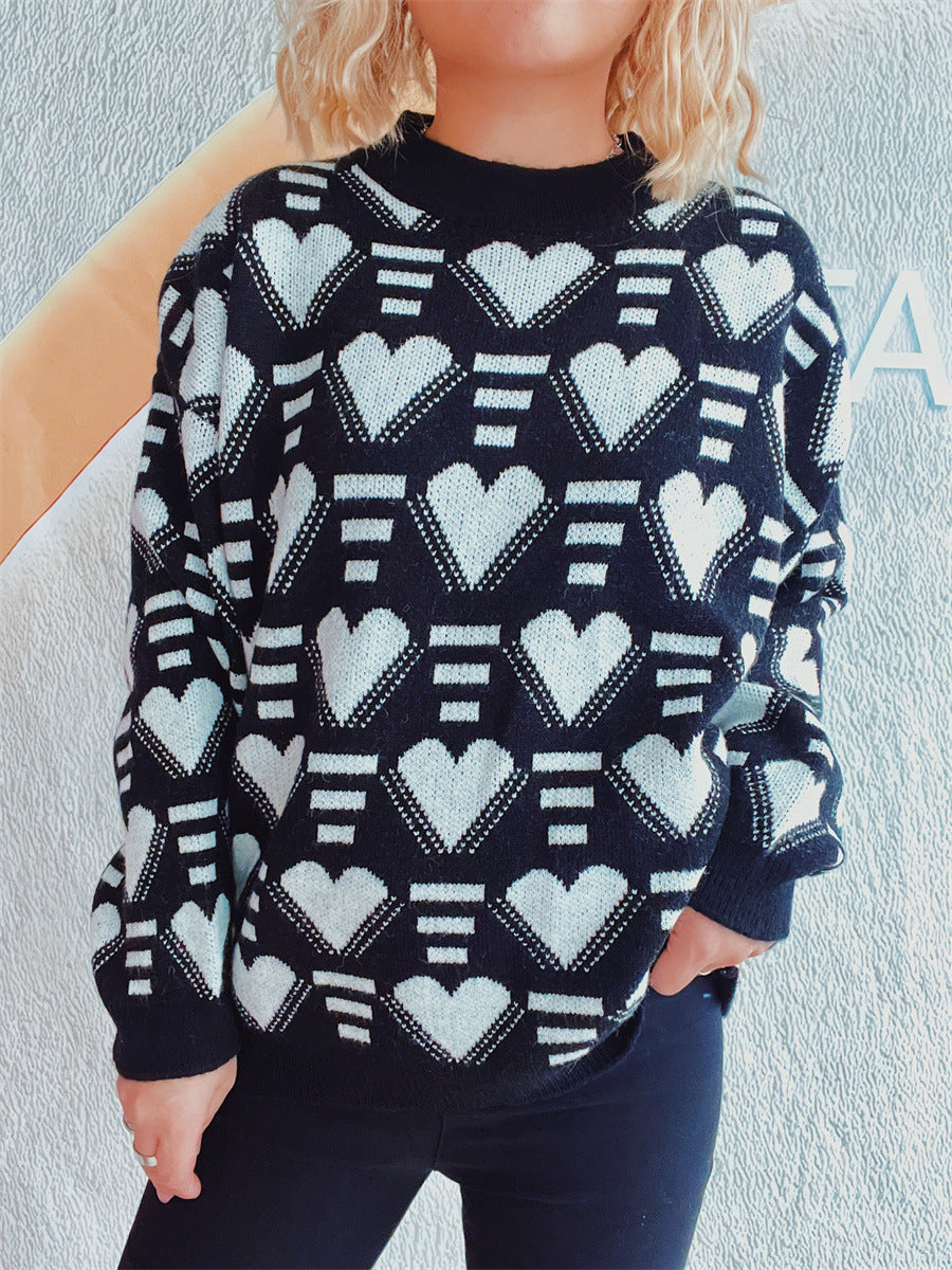 Heart Contrast Long Sleeve Dropped Shoulder Sweater Black One Size