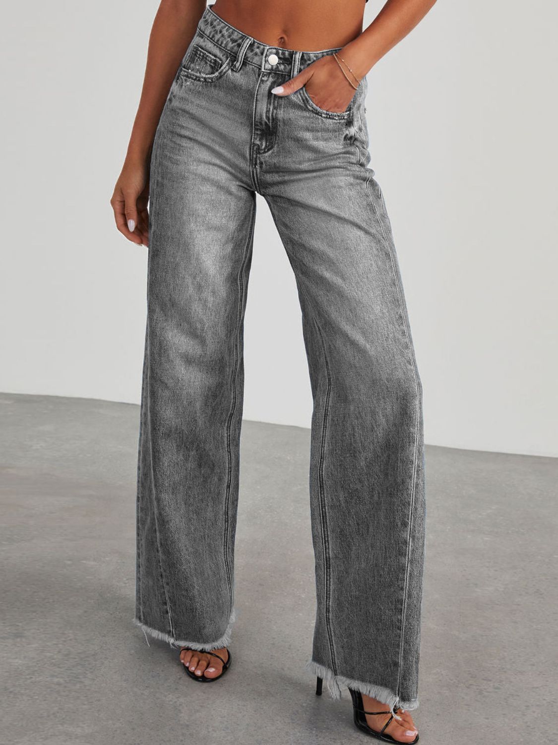 Raw Hem Wide Leg Jeans with Pockets Dark Gray