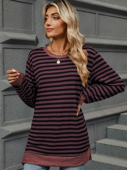 Striped Round Neck Long Sleeve T-Shirt Plum