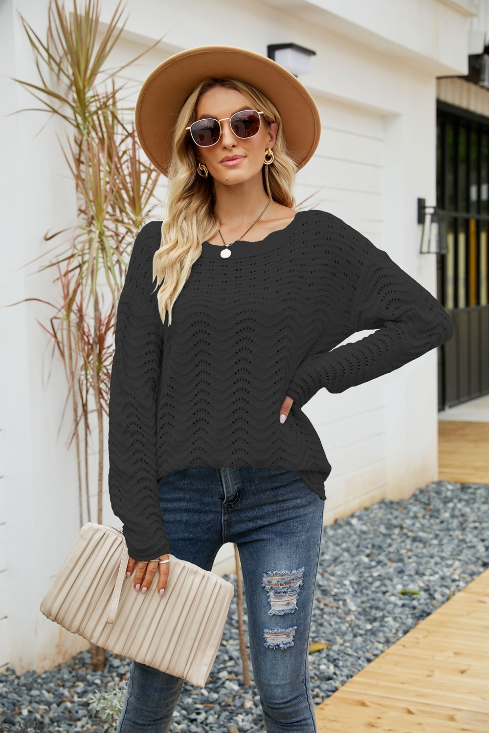 Woven Right Scalloped Boat Neck Openwork Tunic Sweater Black