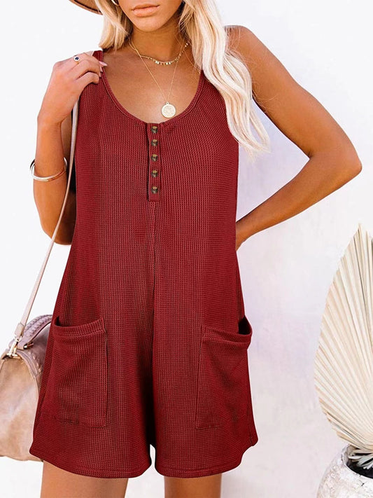 Button Front Sleeveless Romper with Pockets Wine