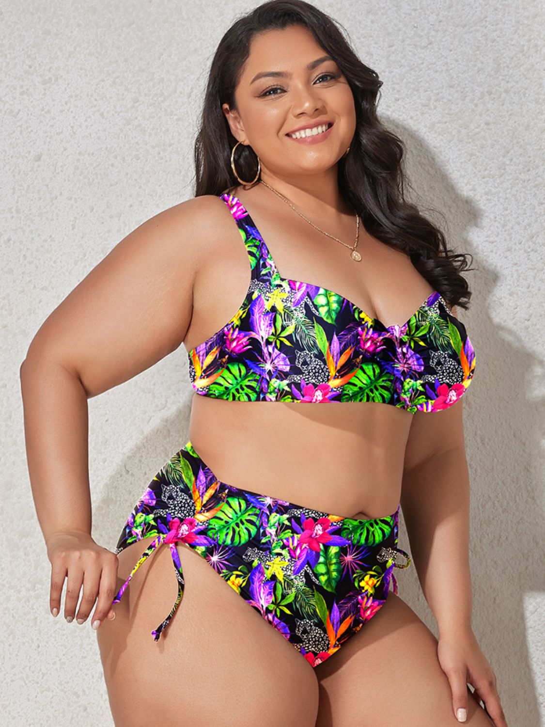 Plus Size Printed Drawstring Bikini Set