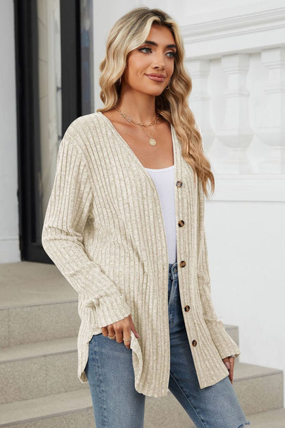 Ribbed Button Up Long Sleeve Cardigan Tan