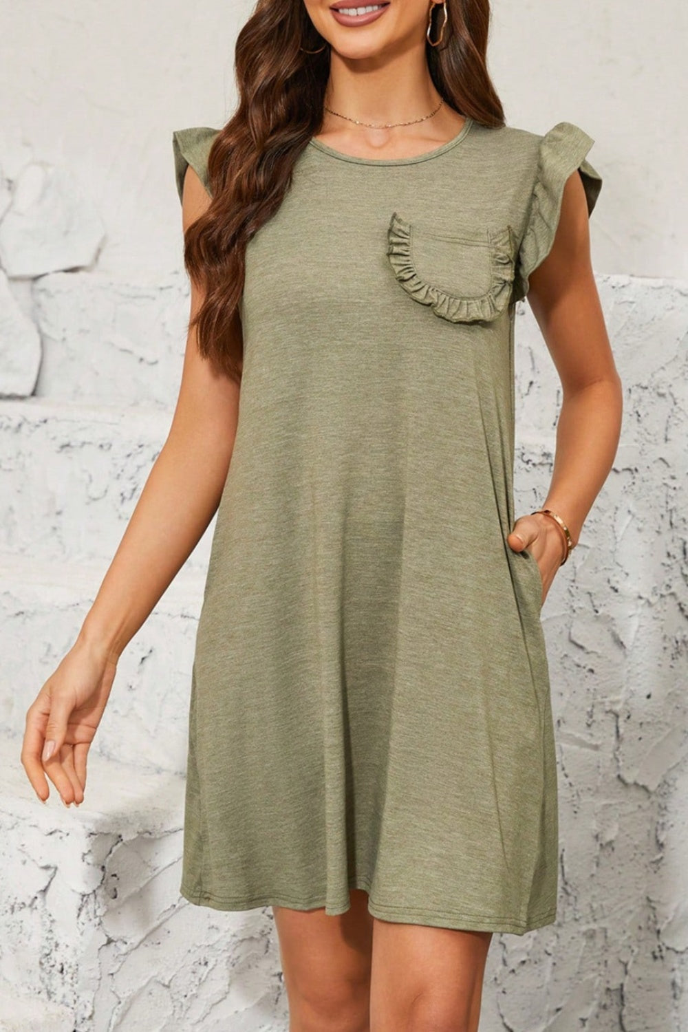 Pocketed Ruffled Cap Sleeve Mini Dress Matcha Green