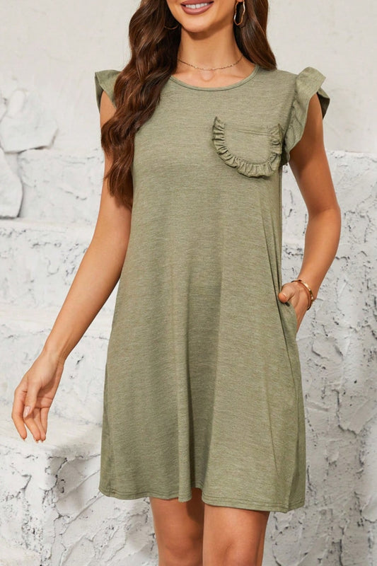 Pocketed Ruffled Cap Sleeve Mini Dress Matcha Green