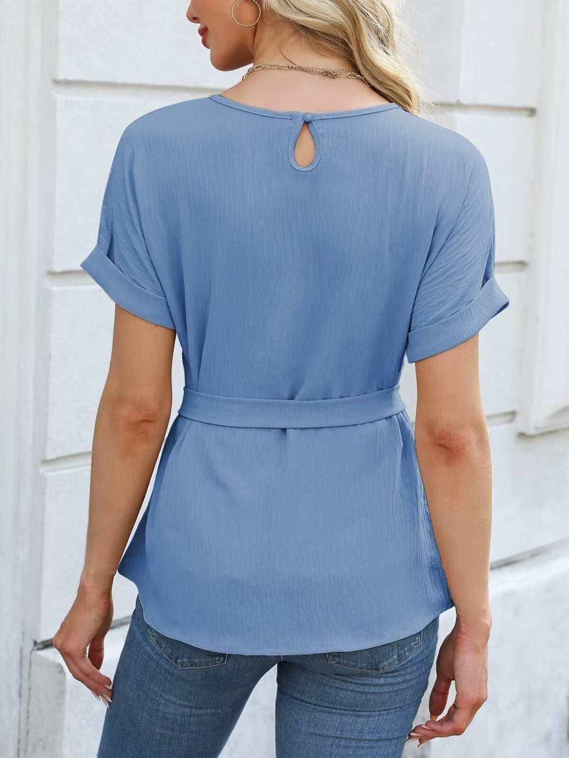 Tied Pleated Round Neck Short Sleeve Top