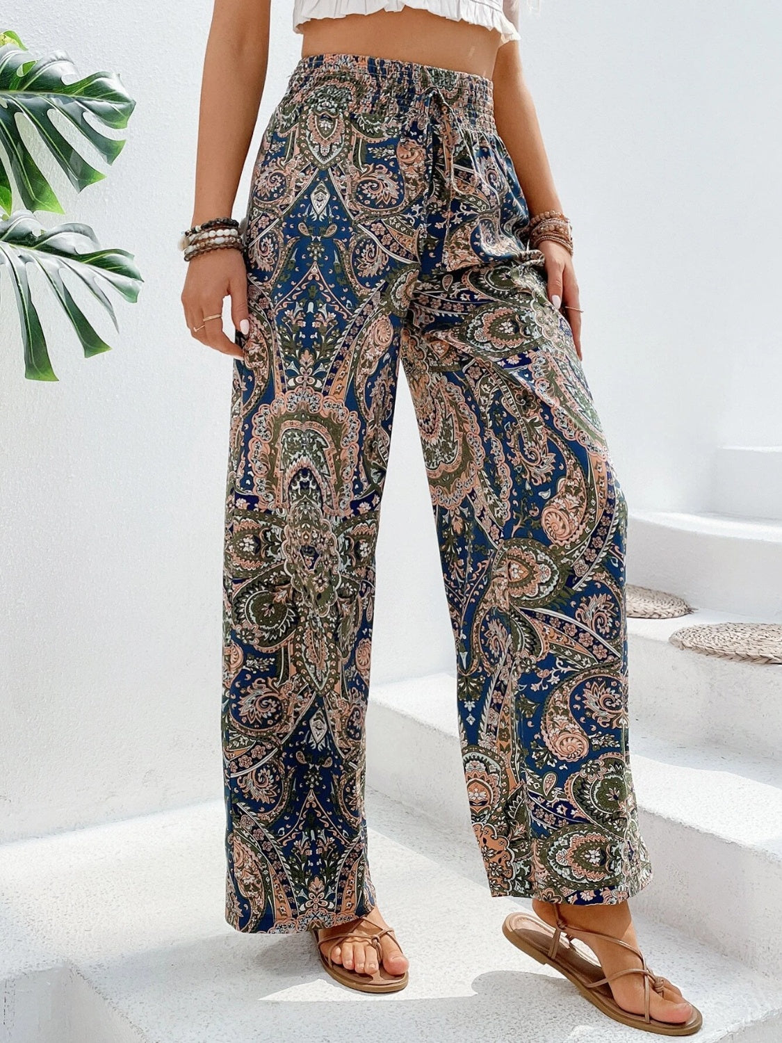 Tie Waist Printed Wide Leg Pants