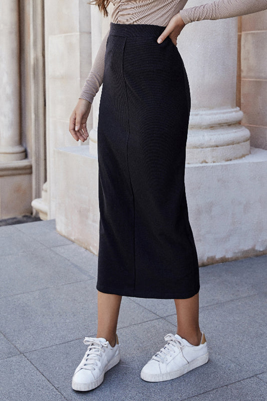 High Waist Pull-On Midi Skirt Black