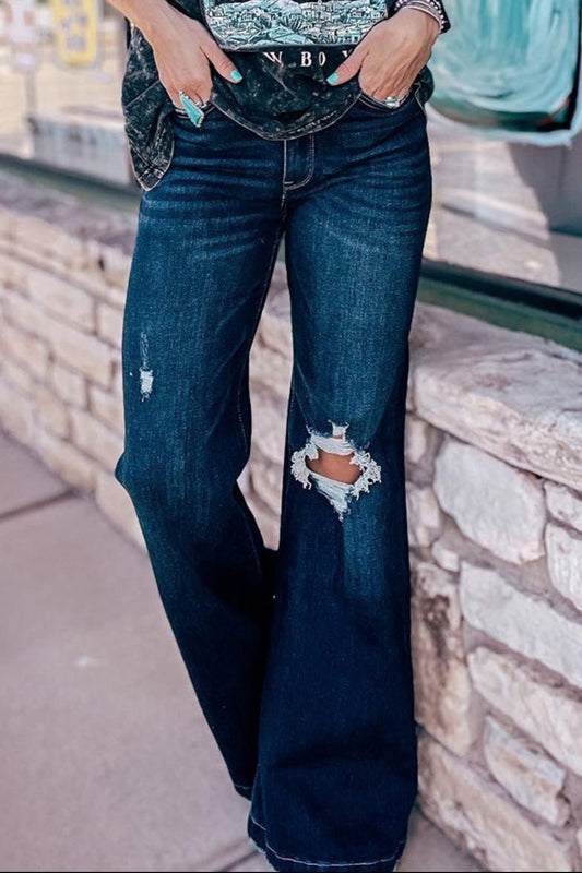 Distressed Wide Leg Jeans with Pockets Dark