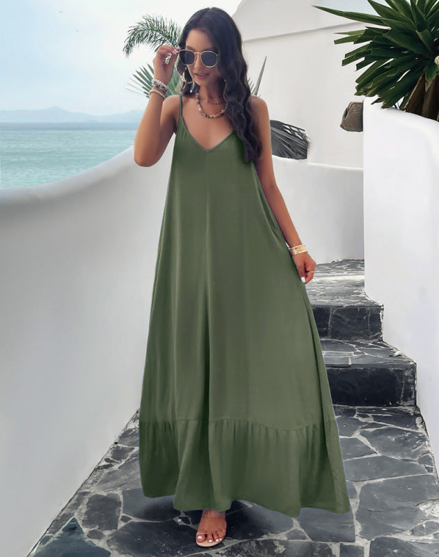 Elegant solid color loose suspender dress Green