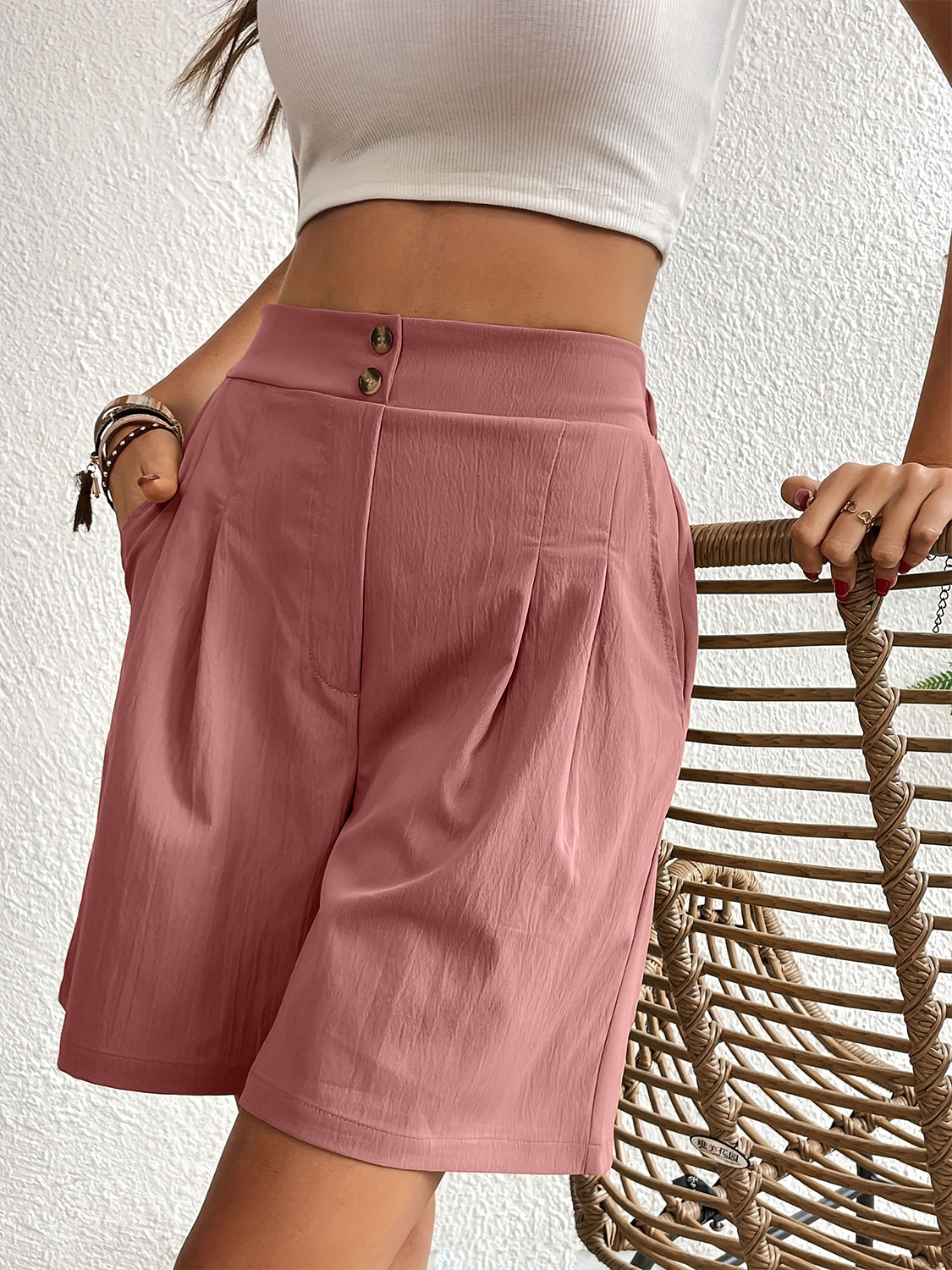 Pocketed Half Elastic Waist Shorts Dusty Pink